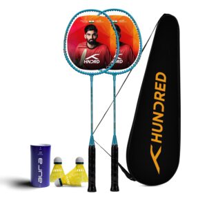Hundred Powertek 200 Aluminium Badminton Racket Combo, 2 Strung Rackets with 1 Full Cover & 3 Aura Nylon Shuttlecocks, Lightweight Shuttle Bats for Match Play
