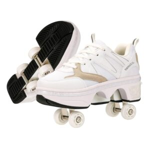Roller Skates for Women/Girls, Retractable Kick Roller Shoes with Wheels for Men, Outdoor Quad Wheel Rink Skates Adjustable Deformation Sneakers for Adult/Boys…